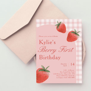Pink Gingham Berry First Birthday Strawberry Invitation
