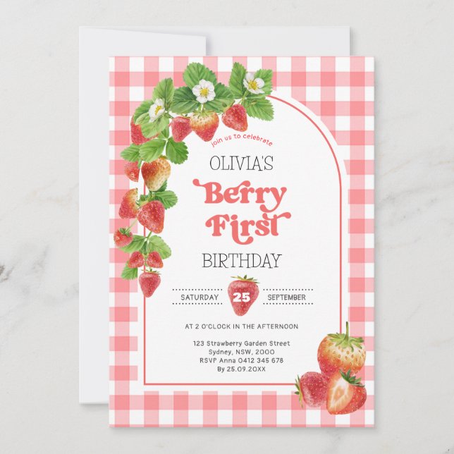 Pink Gingham Berry First Strawberry 1st Birthday Invitation (Front)