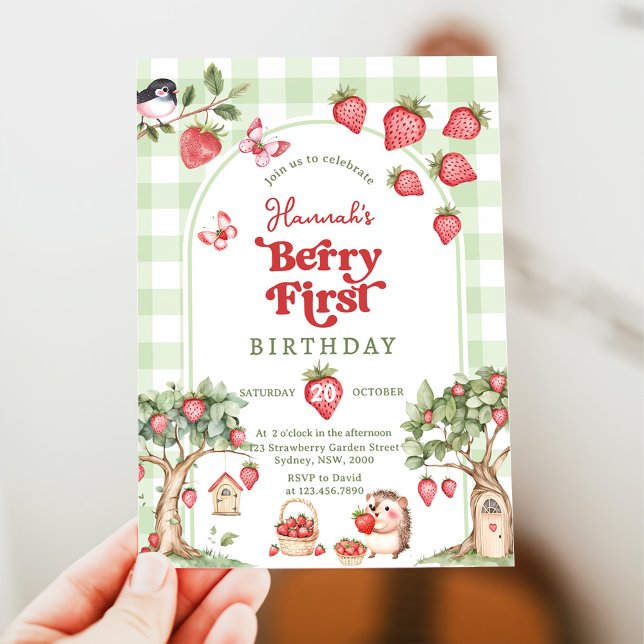 Pink Gingham Berry First Strawberry 1st Birthday Invitation (Creator Uploaded)