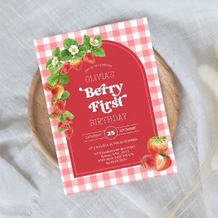 Pink Gingham Berry First Strawberry 1st Birthday Invitation