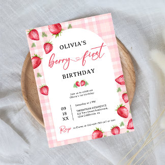 Pink Gingham Berry First Strawberry 1st Birthday Invitation