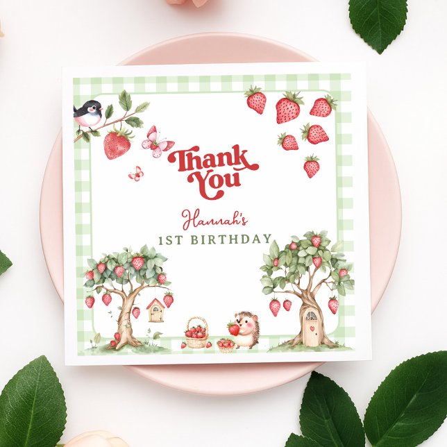 Pink Gingham Berry First Strawberry 1st Birthday Napkin (Creator Uploaded)