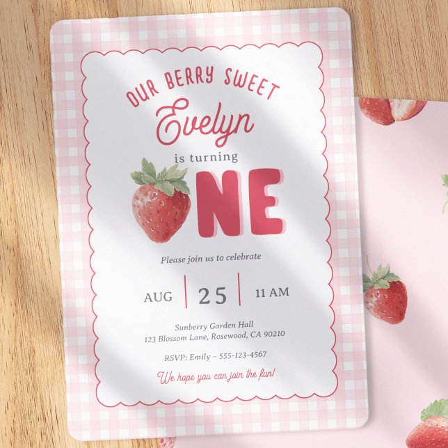 Pink Gingham Berry First Strawberry Themed Invitation (Berry First-Strawberry with pink gingham background. Spring Girl 1st Birthday Invitatio)