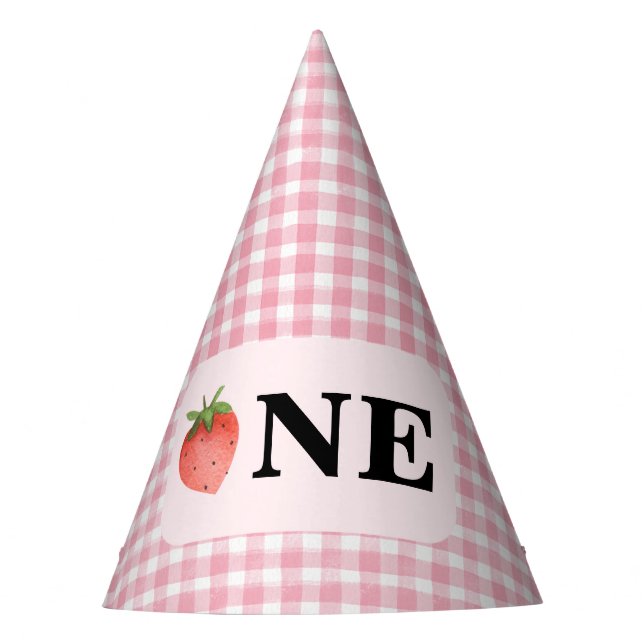 Pink Gingham Berry Sweet 1st Birthday Party Hat (Front)