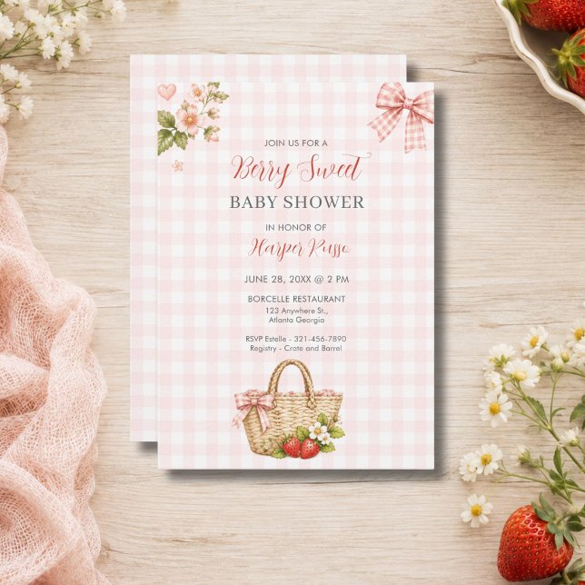 Pink Gingham Berry Sweet Baby Shower Invitation (Pink Gingham Berry Sweet Baby Shower Invitation)