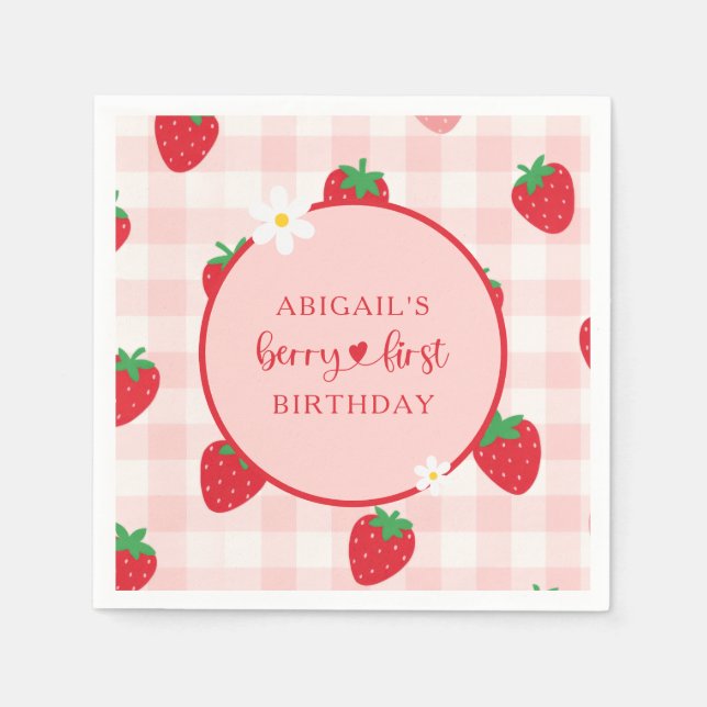 Pink Gingham Berry Sweet Birthday Napkin (Front)
