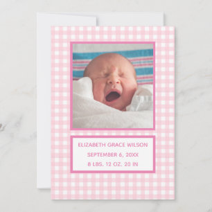 Pink Gingham Birth Announcement Card