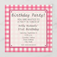 Pink Gingham Birthday Party Invitation