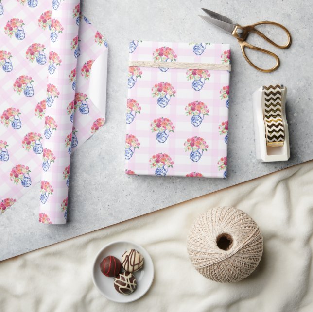 Pink Gingham Blue Floral Chinoisserie  Wrapping Paper (Crafts)