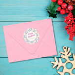 Pink Gingham Blue Vintage Christmas Car Classic Round Sticker<br><div class="desc">A lovely watercolor design with blue vintage cars carrying Christmas trees on a pale pink and beige gingham pattern. Personalise these stickers with your name(s) and add them to your Christmas mail and/or gifts.</div>