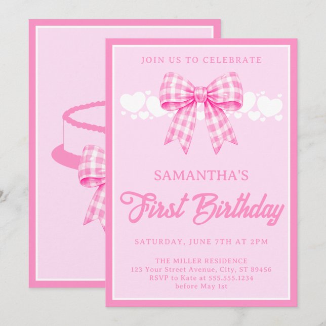 Pink Gingham Bow 1st Birthday Party Invitation (Front/Back)