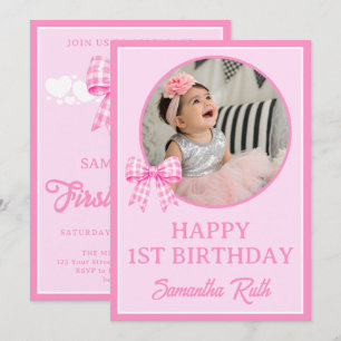 Pink Gingham Bow 1st Birthday Photo Invitation
