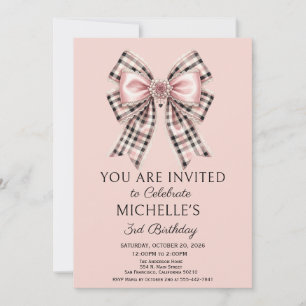 Pink Gingham Bow Any Age Birthday Invitation