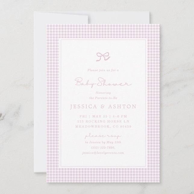 Pink Gingham Bow Baby Girl, Baby Shower Invite (Front)