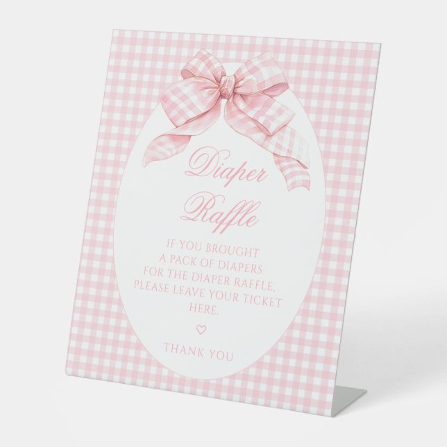 Pink Gingham Bow Baby Girl Shower Diaper Raffle Pedestal Sign (Front)