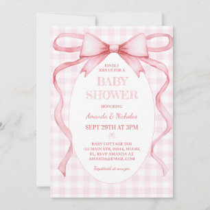 Pink Gingham Bow Baby Girl Shower Invitation