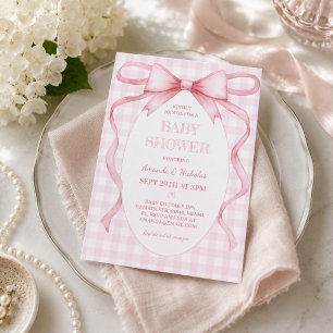 Pink Gingham Bow Baby Girl Shower Invitation