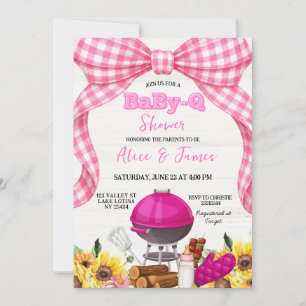 Pink Gingham Bow Baby-Q Baby Shower Invitation