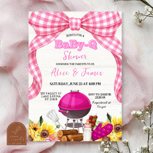 Pink Gingham Bow Baby-Q Baby Shower Invitation