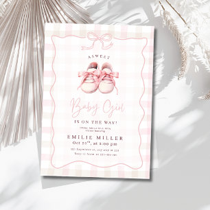 Pink Gingham Bow Baby Shower Baby Girl Shoes Invitation