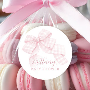 Pink Gingham Bow Baby Shower Classic Round Sticker