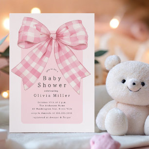Pink Gingham Bow Baby Shower Invitation