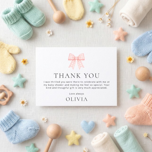 Pink Gingham Bow Baby Shower Thank You Card (Creator Uploaded)