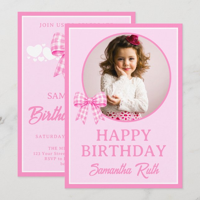 Pink Gingham Bow Birthday Photo Invitation (Front/Back)