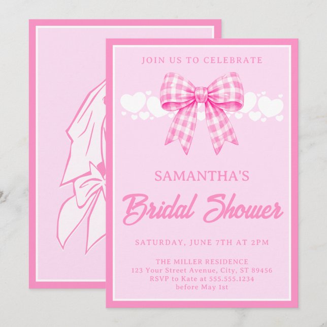 Pink Gingham Bow Bridal Shower Invitation (Front/Back)
