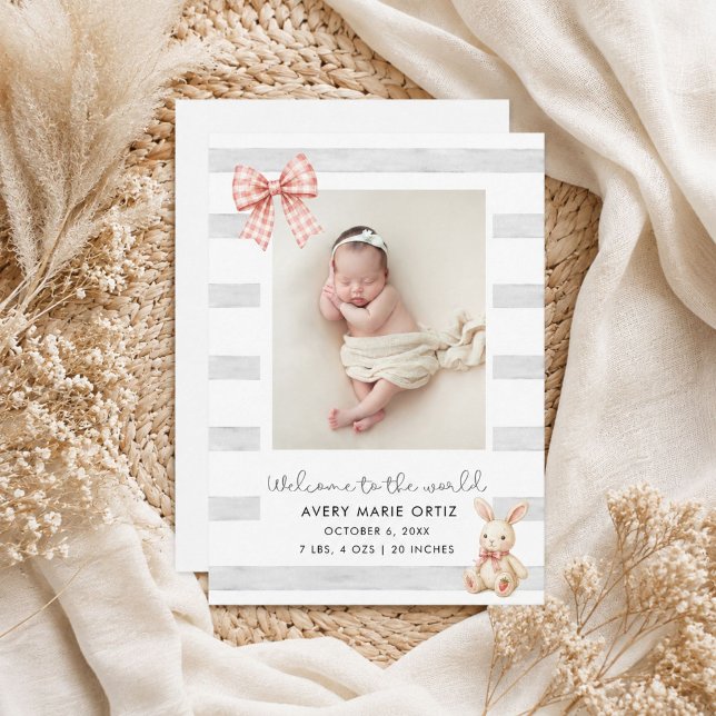 Pink Gingham Bow Bunny Photo Birth Announcement (Pink Gingham Bow Bunny Photo Birth Announcement)