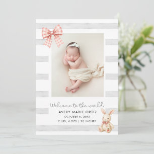 Pink Gingham Bow Bunny Photo Birth Announcement