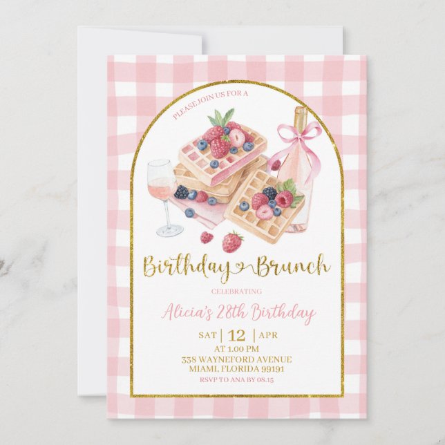 Pink Gingham Bow Coquette Waffle Birthday Brunch Invitation (Front)