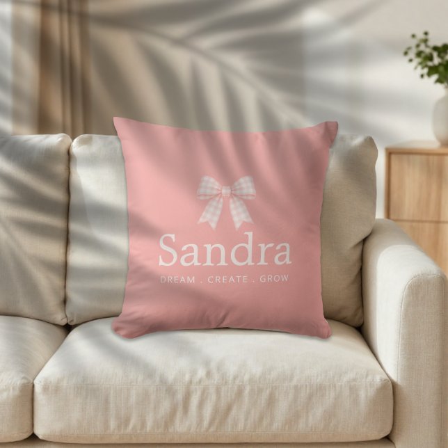 Pink Gingham Bow Custom Name Quote Cushion (Creator Uploaded)