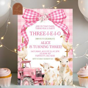 Pink Gingham Bow Farm Animal Girl 3rd Birthday Invitation