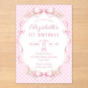 Pink Gingham Bow First Birthday Acrylic Invitations