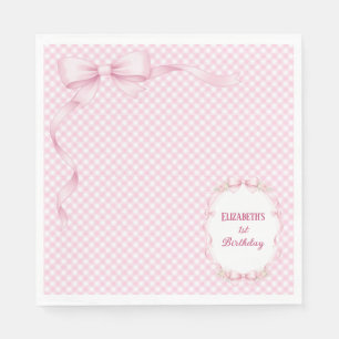 Pink Gingham Bow First Birthday Napkins