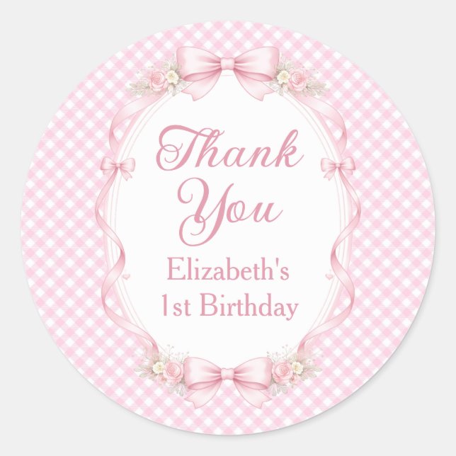 Pink Gingham Bow First Birthday Thank You Sticker (Front)