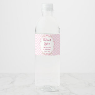 Pink Gingham Bow First Birthday Water Bottle Label