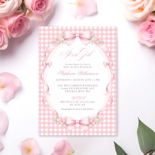 Pink Gingham Bow Floral Baby Shower Invitation (Pink Gingham Bow Floral Baby Shower Invitation)