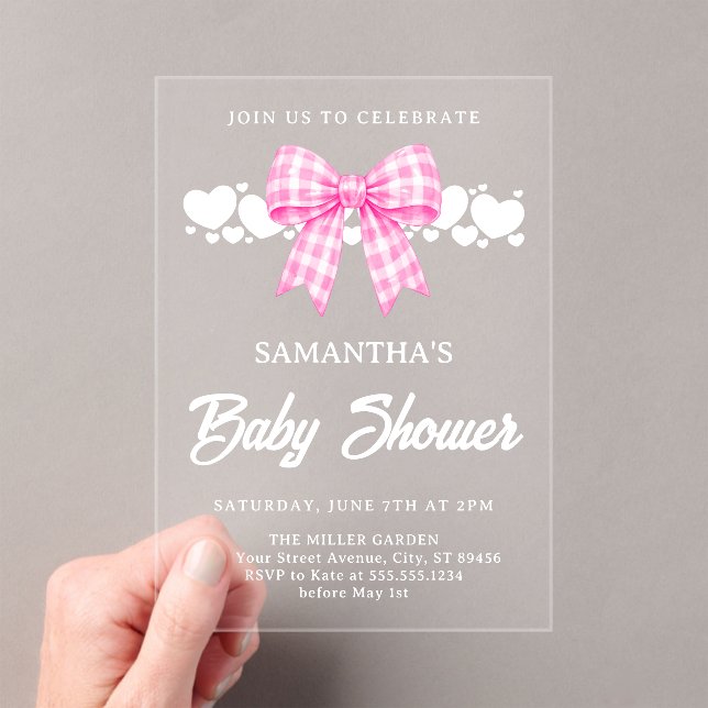 Pink Gingham Bow Girl Baby Shower Acrylic Invitations (Insitu (Handheld))
