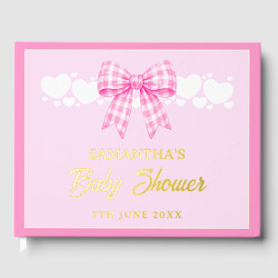 Pink Gingham Bow Girl Baby Shower Gold Guest Book