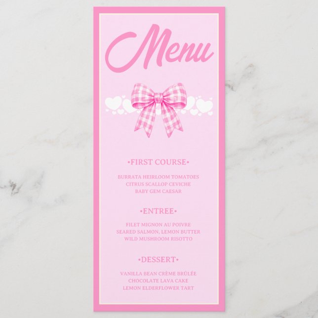 Pink Gingham Bow Girl Baby Shower Menu Card (Front)