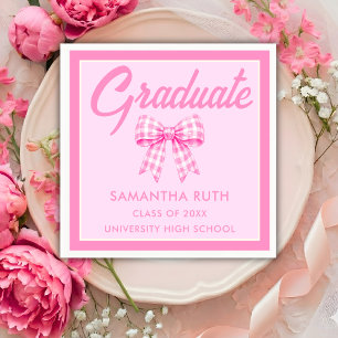 Pink Gingham Bow Graduation Party Napkin