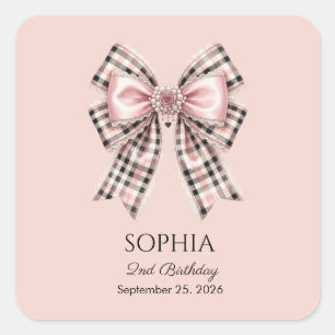 Pink Gingham Bow Personalised Name & Age Birthday Square Sticker