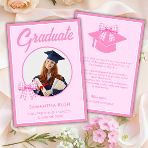 Pink Gingham Bow Photo Graduation Announcement