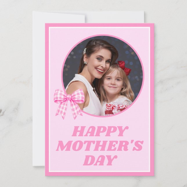 Pink Gingham Bow Photo Mother's Day Card (Front)