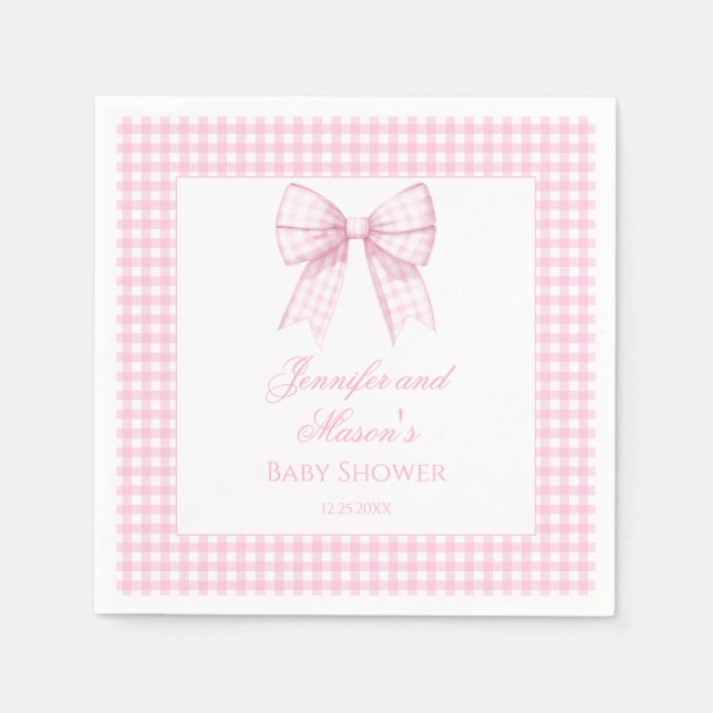 Pink gingham bow ribbon baby girl shower napkin (Front)