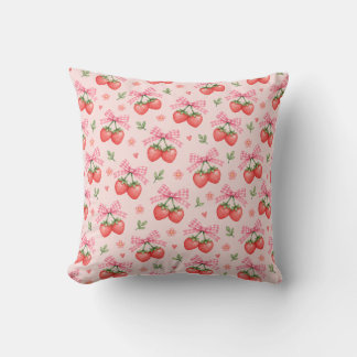 Pink Gingham Bow Strawberry Floral Pattern Cushion