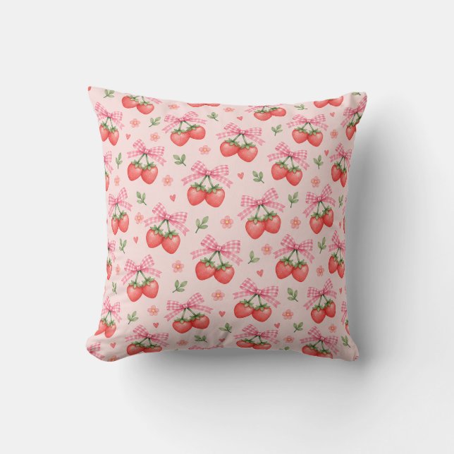 Pink Gingham Bow Strawberry Floral Pattern Cushion (Front)