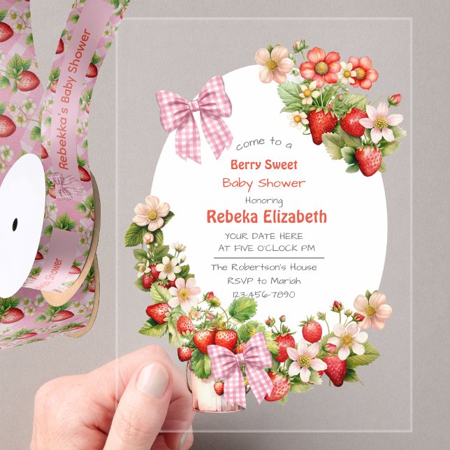  Pink Gingham Bow Strawbery Baby Shower Invitation (Creator Uploaded)